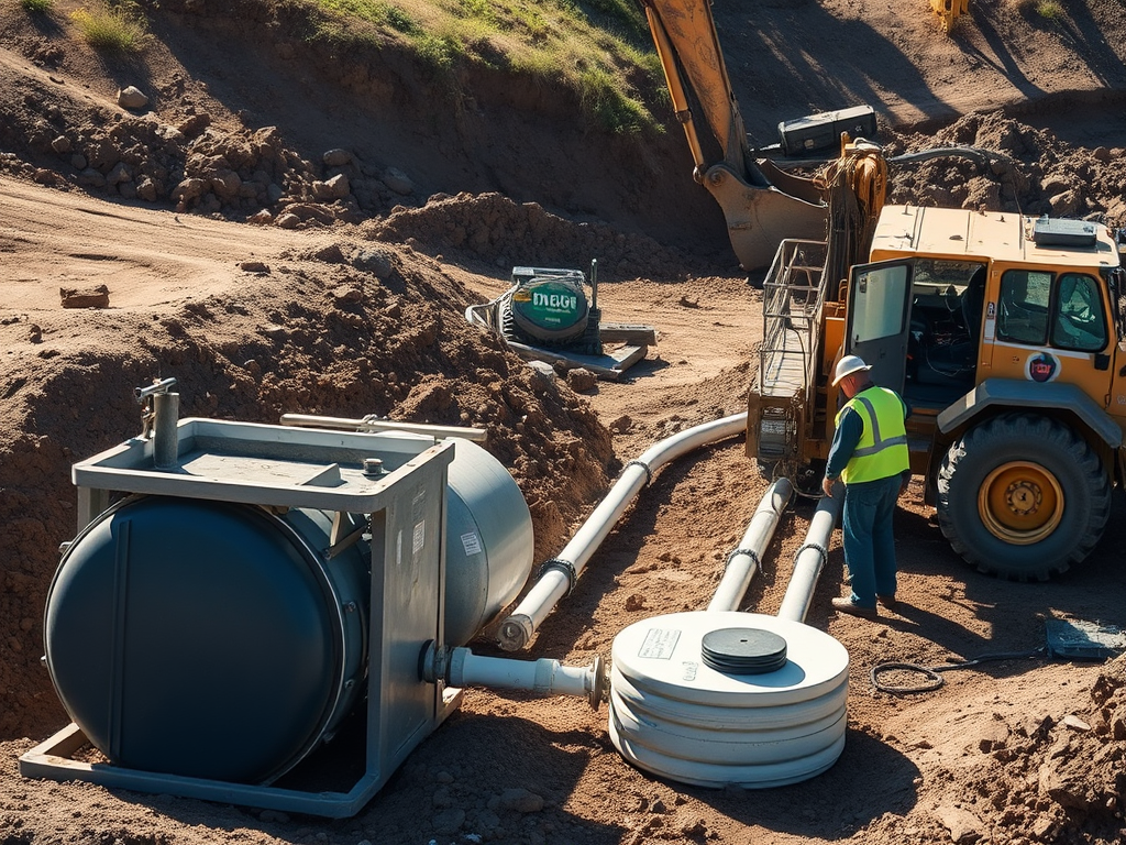 Technician performing septic system repairs on a residential property.